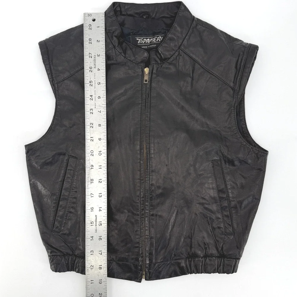 Vintage TOPAMERI Black Genuine Leather Mock Neck Zip Up Fall Vest Women's Size M